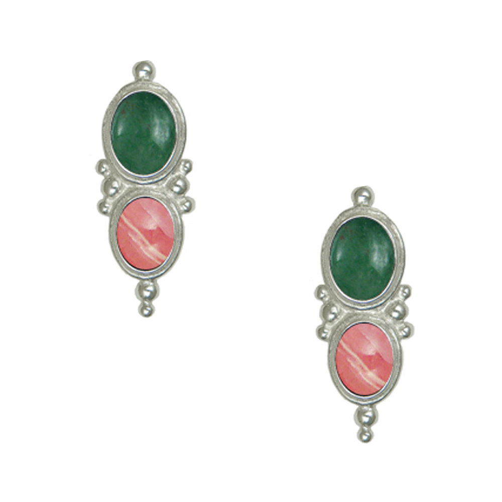 Sterling Silver Drop Dangle Earrings With Jade And Rhodocrosite